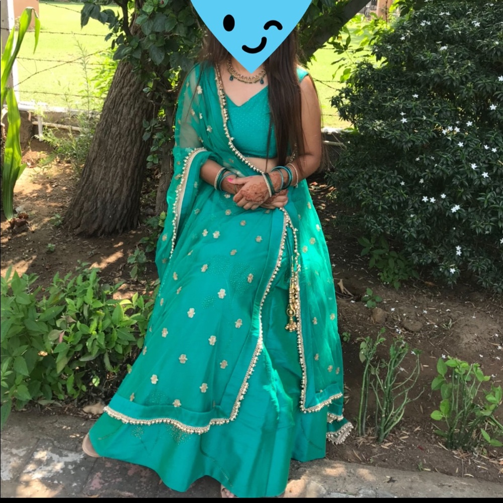 Beautiful teal green choli with approx 4.5 meter flare and heavy net Duppata.